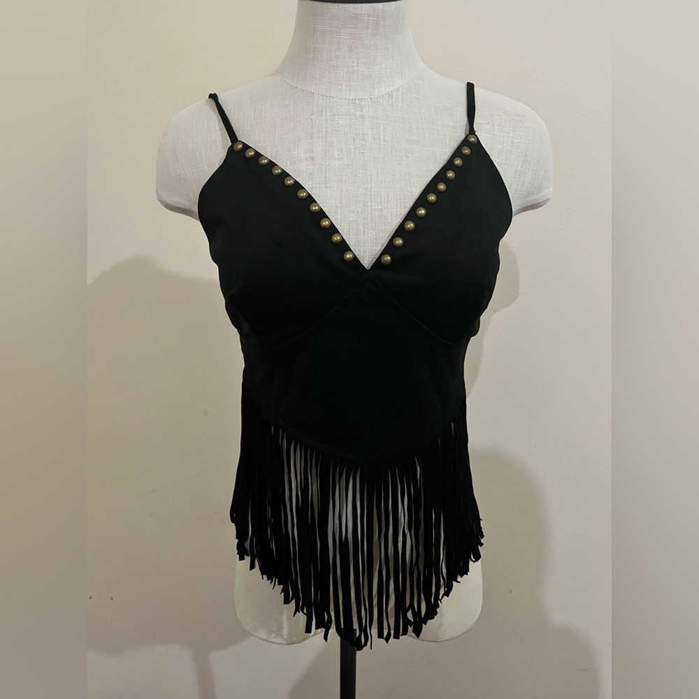 SHEIN Black Suede Fringe Camisole Top